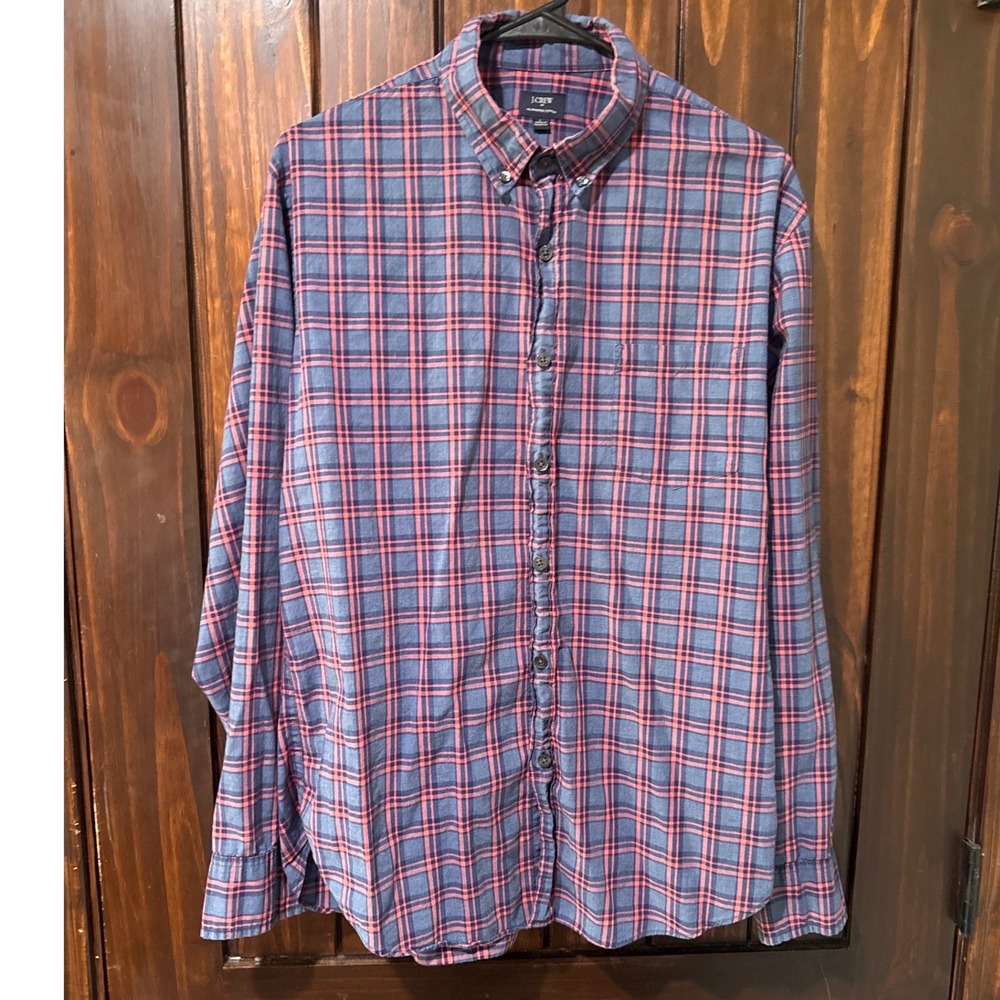 J.Crew Mens Button Down Shirt L Blue Red Plaid Heathered Cotton Long Sleeve
